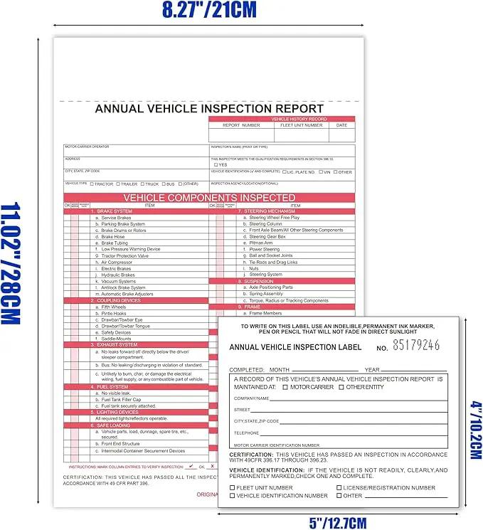 30-Pack Annual Vehicle Inspection Report Form & Adhesive Vinyl Label 2-Ply,3-Ply Carbonless Form DOT Compliant by GreenHaven Gardens