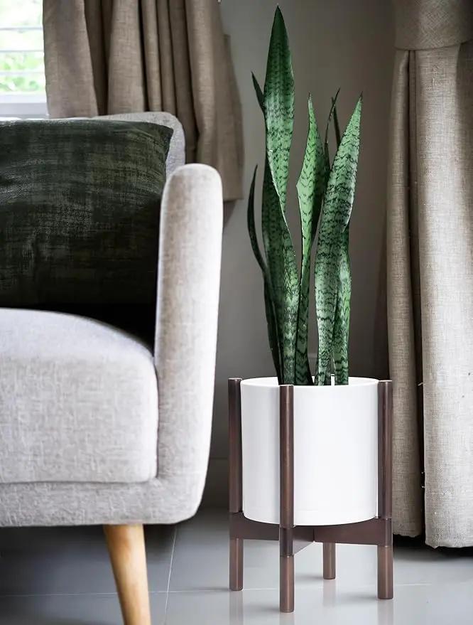 D'vine Dev Planter Pot with Stand - 10 Inch Plastic Cylinder Flower Pot with Wood Planter Holder for Indoor, Matte White Pot + Walnut Color Stand, 55-C-L-1 by GreenHaven Gardens