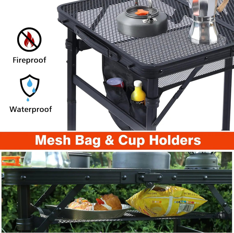 Camping Table, 2x1.3 FT Portable Folding Grill Table, Lightweight Height Adjustable Metal Tables with Mesh Desktop and Mesh Bag, Outdoor Tables for Camping, Picnic, Beach and BBQ, Black by GreenHaven Gardens