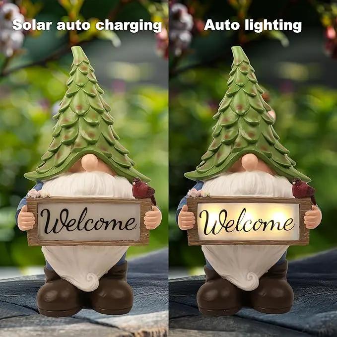 Garden Gnome Statue with Solar Lights, 13.5” Welcome Sign Gnome Outdoor Decor for Yard Lawn Patio, Funny Resin Gnome Sculptures, Gifts for Women Mom Grandma,Garden Decor Ornament by GreenHaven Gardens