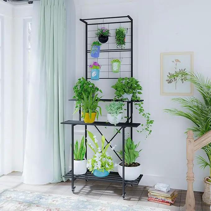 Zhongma 3 Tier Heavy Duty Plant Stand with Hanging Plant pot shelf with wheels, 35.43 L x 18.11 W x 81.1H multi layer plant Holder for Home, Garden, Plant Lovers,Metal Storage Rack Shelf/Freestanding by GreenHaven Gardens