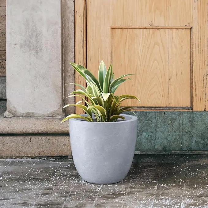 Kante 14 Inch Dia Round Concrete Planter, Indoor Outdoor Large Plant Pot with Drainage Hole and Rubber Plug for Home Patio Garden, Slate Gray by GreenHaven Gardens