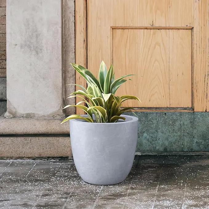 Kante 14 Inch Dia Round Concrete Planter, Indoor Outdoor Large Plant Pot with Drainage Hole and Rubber Plug for Home Patio Garden, Slate Gray by GreenHaven Gardens