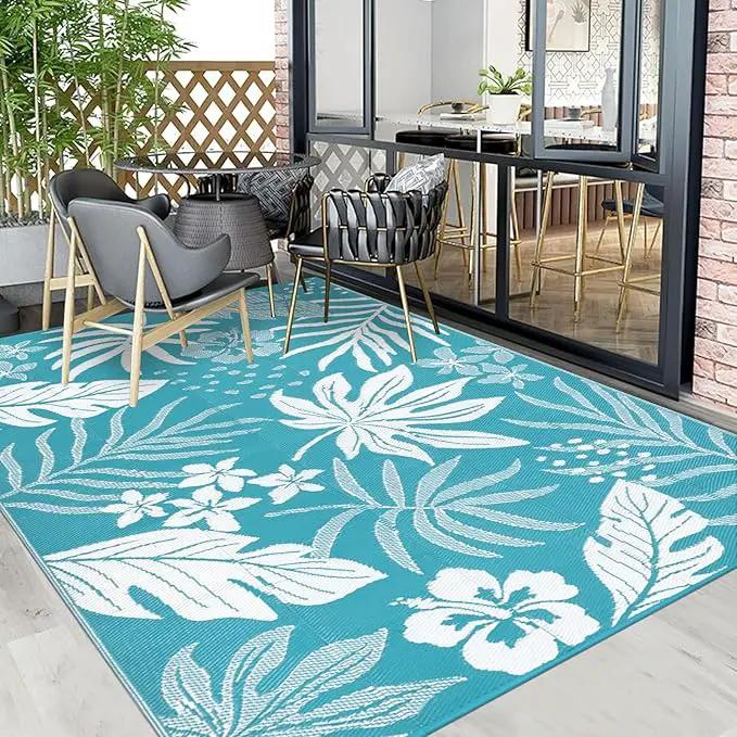 Pauwer Waterproof Outdoor Rug 6x9, Reversible Plastic Straw Patio Camping Rug, Indoor Outdoor RV Mat Carpet for Deck, Camper, Porch, Balcony, Backyard, Picnic, Floral Teal by GreenHaven Gardens