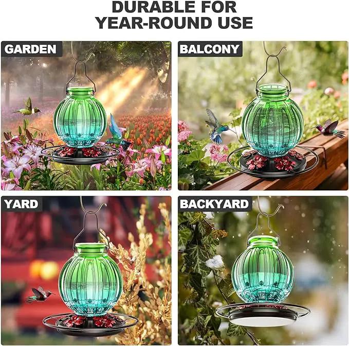 Glass Hummingbird Feeder for Outdoors Hanging, Bird Nectar Feeder with Perch & 5 Flower Feeding Ports, 26 Oz Leak Proof for Outside Garden Decor Backyard, Gifts for Women Mom, Green & Blue by GreenHaven Gardens