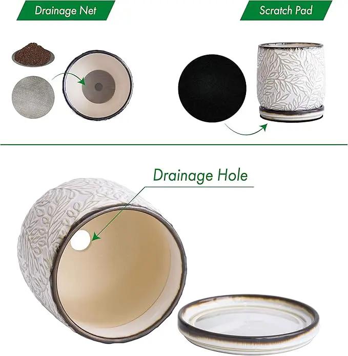 D'vine Dev 4 Inch Embossed Leaves Stoneware Planter Pot with Drainage Hole and Saucer, Smoked White, Set of 1, 27-A-Z-1 by GreenHaven Gardens