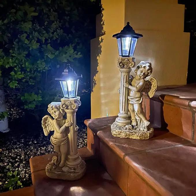 Angel Statue with Solar Lights (Left) 19.7 Inch, Outdoor Solar Angel Garden Statue with Roma Pillar for Garden Lawn Deocr, Christian Religious Gift by GreenHaven Gardens