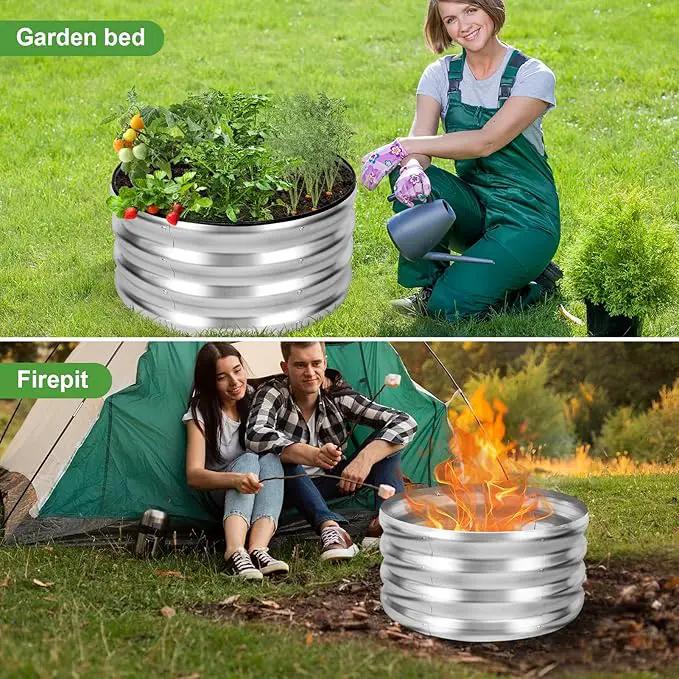 Galvanized Raised Garden Bed- 2Pcs 2x2x1FT Metal Planter Boxes Outdoor | Round Steel Raised Bed Kit & Fire Pit Ring for Gardening with Protective Tape, Gloves for Vegetables, Flower (Sliver) by GreenHaven Gardens