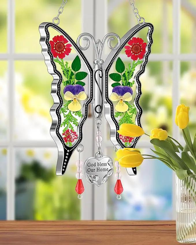 KY&BOSAM Butterfly Suncatcher God Bless Our Home Ornaments Stain Glass Sun Catchers for Windows Hanging Wind Chime Silver Charm Gifts for Home Mother`s Day Valentine's Birthday Thanksgiving Christmas by GreenHaven Gardens