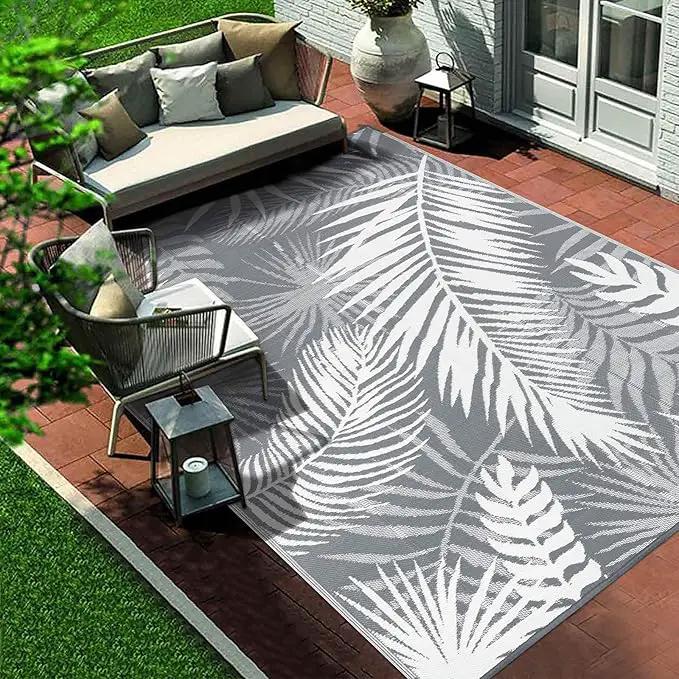 Outdoor Rug 10'x8' Waterproof for Patios Clearance, Reversible Outdoor Plastic Straw Rug Camping Carpet, Outside Floor Mats Large Area Rugs for RV,Patio,Deck,Porch,Beach,Balcony,Grey&White by GreenHaven Gardens