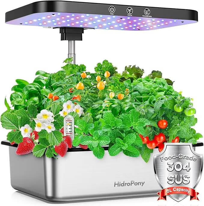 Hydroponics Growing System Herb Garden - HidroPony 15 Pods Indoor Gardening System with Grow Light, Stainless Steel Plants Germination Kit with Quiet Pump System, Gardening Gifts for Women by GreenHaven Gardens