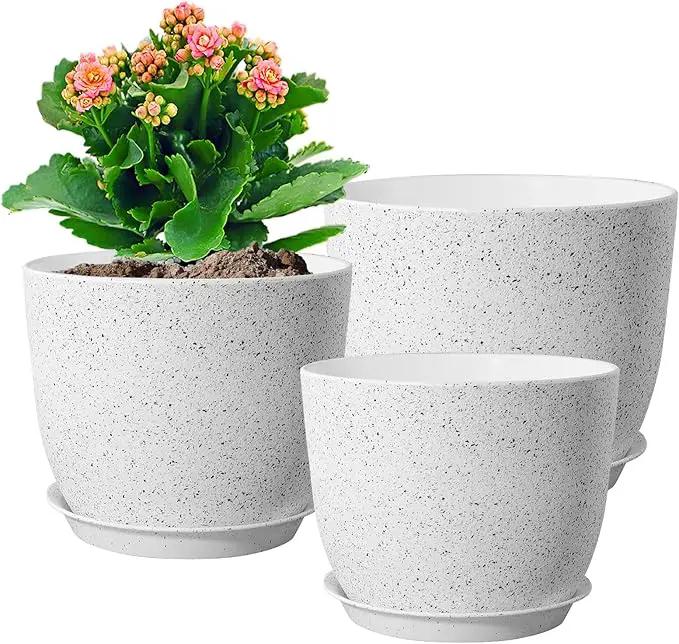 10/9/8 inch Medium Plant Pots, Set of 3 Modern Decorative Plastic Planters with Drainage Holes and Saucers for Garden House Plants, Flower Pots for Indoor Outdoor Plants, Speckled White by GreenHaven Gardens