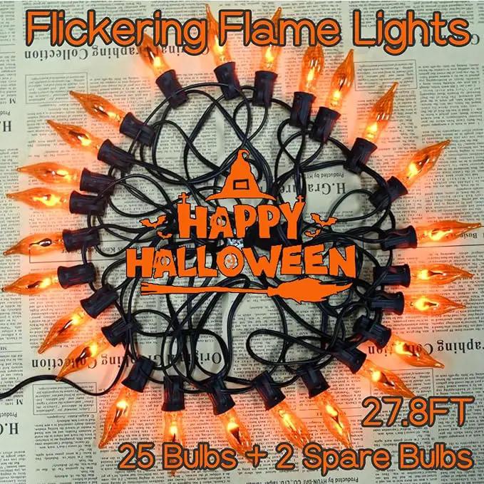27.8Ft Halloween Decorations Flickering Flame String Lights with 27 Pack Orange Clear Flame Light Bulbs (4 Spare E12 Bulbs), Orange Christmas Lights Outdoor for Home Party Christmas Halloween Decor by GreenHaven Gardens