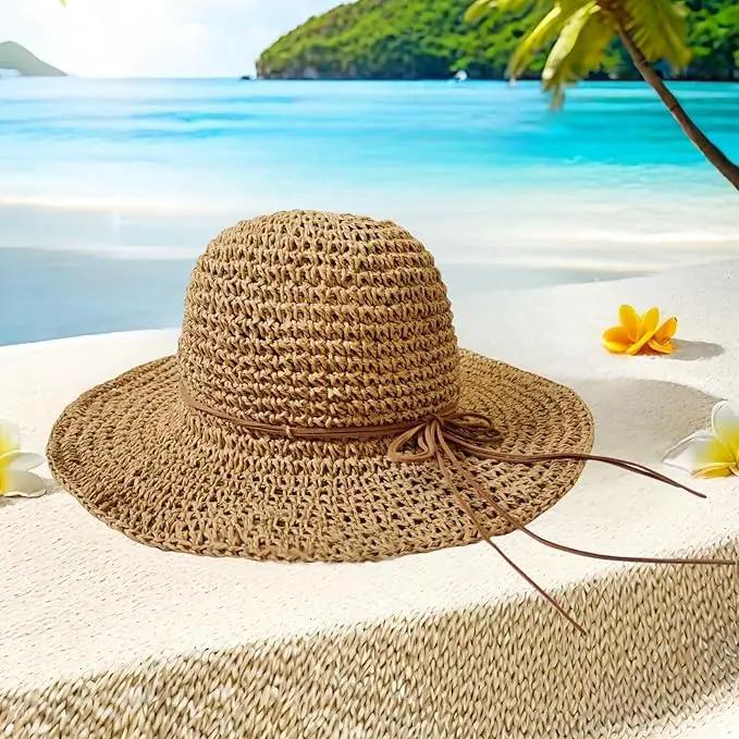 Womens Straw Beach Sun Hats, Foldable Packable Floppy Handmade Crochet Hats for Women,Large Summer Vacation Wide Brim Hat by GreenHaven Gardens
