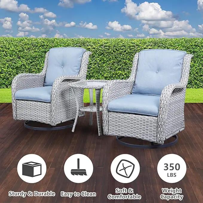 Outdoor Swivel Rocker Patio Chairs Set of 3, High Back Swivel Patio Chairs Wicker Furniture Set, 2 PCS Rattan Swivel Rocking Chair with Side Table, Light Grey Wicker by GreenHaven Gardens