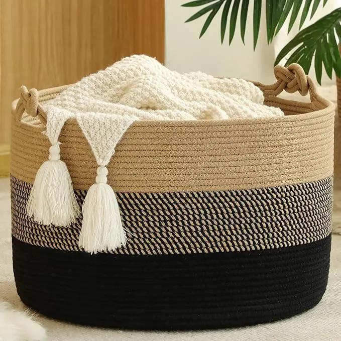 KAKAMAY Large Blanket Basket (20"x13"),Woven Rope Baskets for storage Baby Laundry Hamper, Cotton Rope Blanket Basket for Living Room, Laundry, Nursery, Pillows,Baby Toy chest (Jute/Black) by GreenHaven Gardens