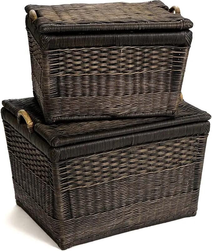 The Basket Lady Lift-Off Lid Wicker Storage Basket, Large, 24.5 in L x 18 in W x 17.5 in H, Antique Walnut Brown by GreenHaven Gardens