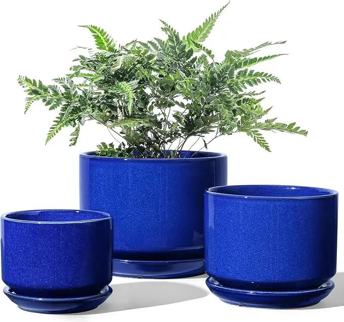 LE TAUCI Ceramic Plant Pots, 4.3+5.3+6.8 inch, Set of 3, Planters with Drainage Hole and Saucer, Indoor Flower Pot with Hole Mesh Pad, Gifts for Mom, Sapphire Blue by GreenHaven Gardens