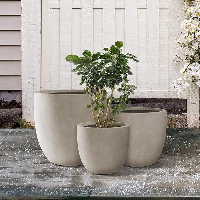 Kante 18",14",10" Dia Concrete Round Planters (Set of 3), Outdoor Indoor Large Planter Pots with Drainage Hole and Rubber Plug for Home Patio Garden, Weathered Concrete by GreenHaven Gardens