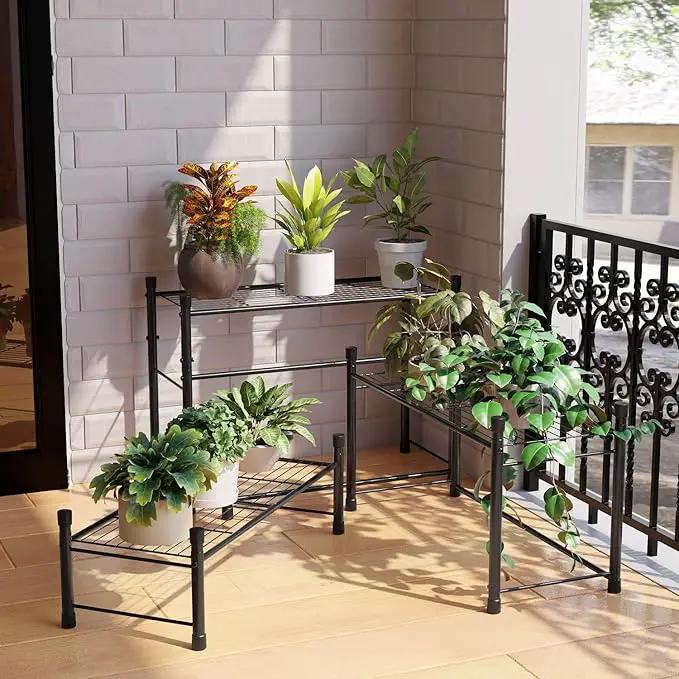 New England Stories Outdoor Plant Stand, 3-Tier Metal Plant Rack, Heavy Duty and Waterproof Plant Shelf, Stackable Tall Flower Pot Holder for Garden Display Rack, Black by GreenHaven Gardens