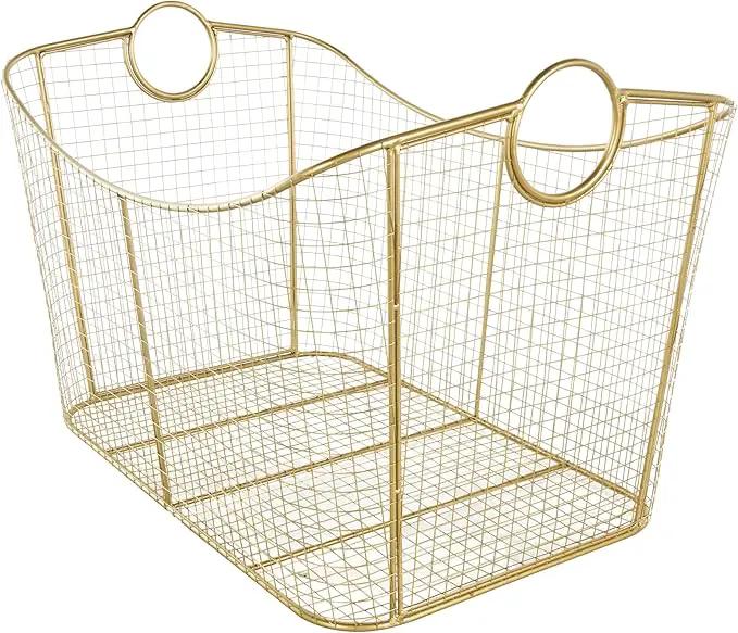 Deco 79 Metal Geometric Decorative and Functional Storage Basket Wire Grid Basket Organizer with Curved Edges Ring Handles, Basket for Storage 30" x 20" x 20", Gold by GreenHaven Gardens