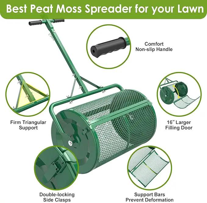 Seeutek Compost Spreader - 24" Peat Moss Spreader with 3 Heights, Top Soil Spreader W/Upgraded Side Latches Support Rod Powder Coated Metal Mesh Top Dressing Spreader for Lawn, 2 Way Uses-Push or Tow by GreenHaven Gardens