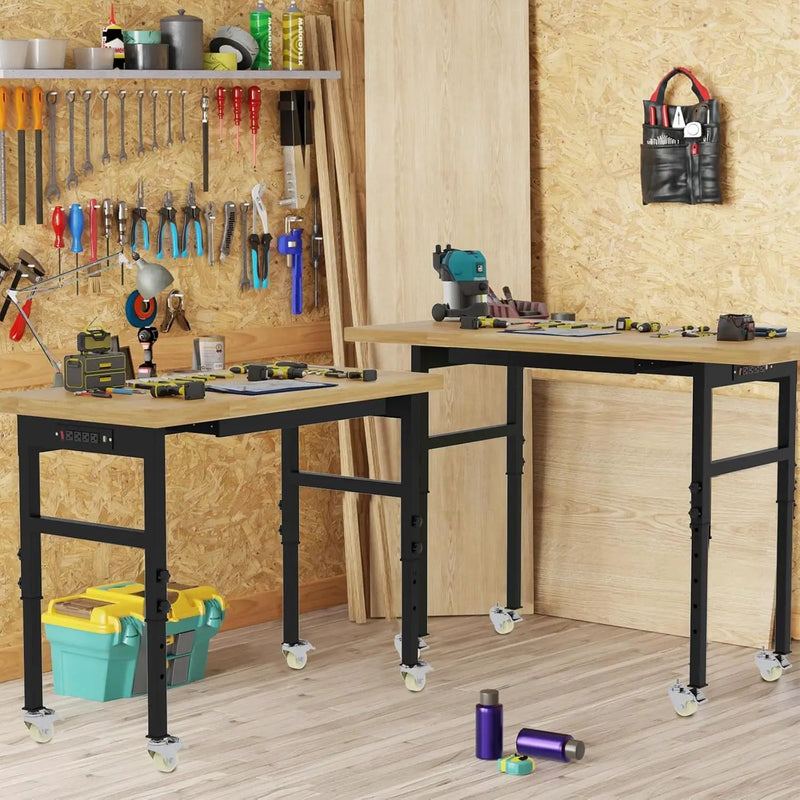 48' Adjustable Workbench, Solid Wood Work Bench Table with Wheels and Power Outlet, Rolling Workbenchs Large Load Capacity Garage Workbench for Workshop,Office,Home by GreenHaven Gardens