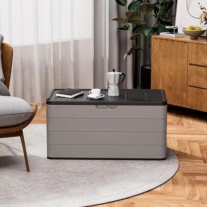 Heavy-Duty 100 Gallon Outdoor Storage Bench - Waterproof Patio Deck Box for Outside Use, Lockable Resin Storage with UV Protection, Granite Grey by GreenHaven Gardens