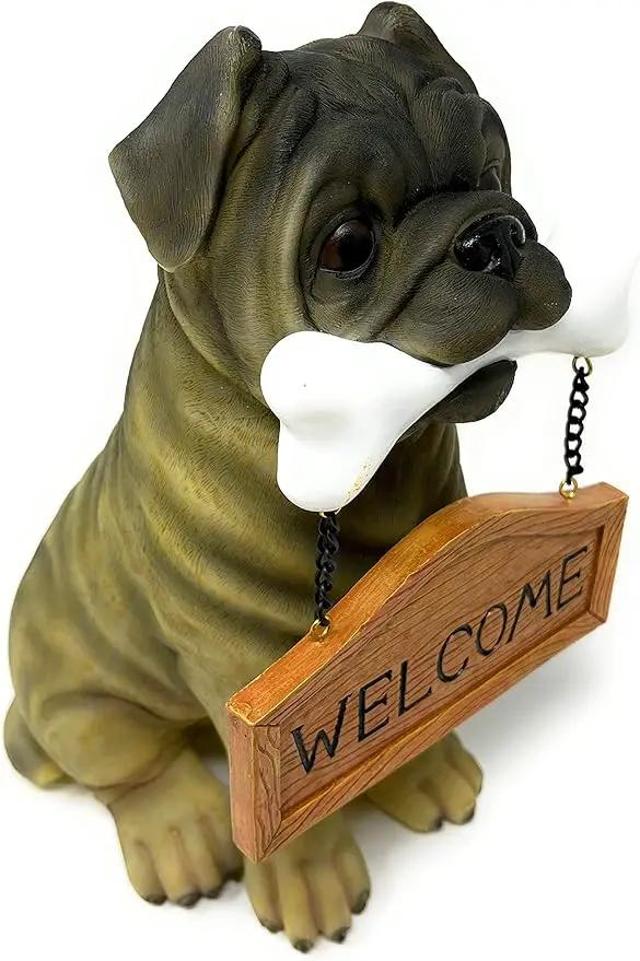 Nature's Mark Pug Dog Puppy Statue with Reversible Welcome Sign and Go Away Sign Resin Garden Decor 12" H by GreenHaven Gardens