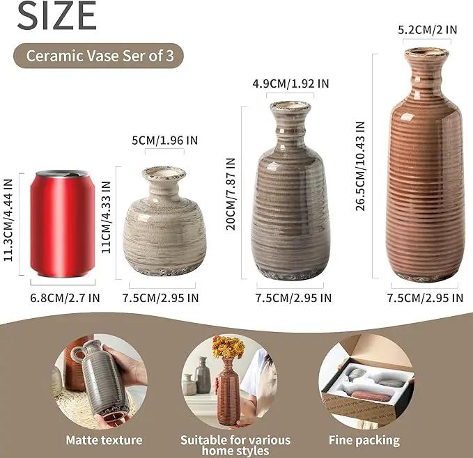 Ceramic Vases Set of 3, Neutral Rustic Farmhouse Vases Home Decor Decorative Flower Vase Modern Boho Pampass Vase for Table Mantel Entryway Shelf Living Room Kitchen Bathroom - Brown by GreenHaven Gardens