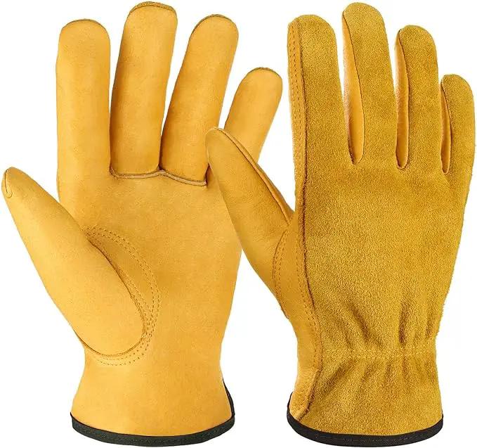 OZERO Leather Work Gloves Flex Grip Tough Cowhide Gardening Glove for Wood Cutting/Construction/Truck Driving/Garden/Yard Working for Men and Women 1 Pair (Gold,Medium) by GreenHaven Gardens