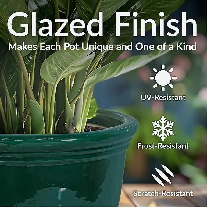 Sunnydaze Studio Large Ceramic Plant Pot - Round Outdoor Glazed Ceramic Planter Pot with Drainage - Dark Green - 15 in by GreenHaven Gardens