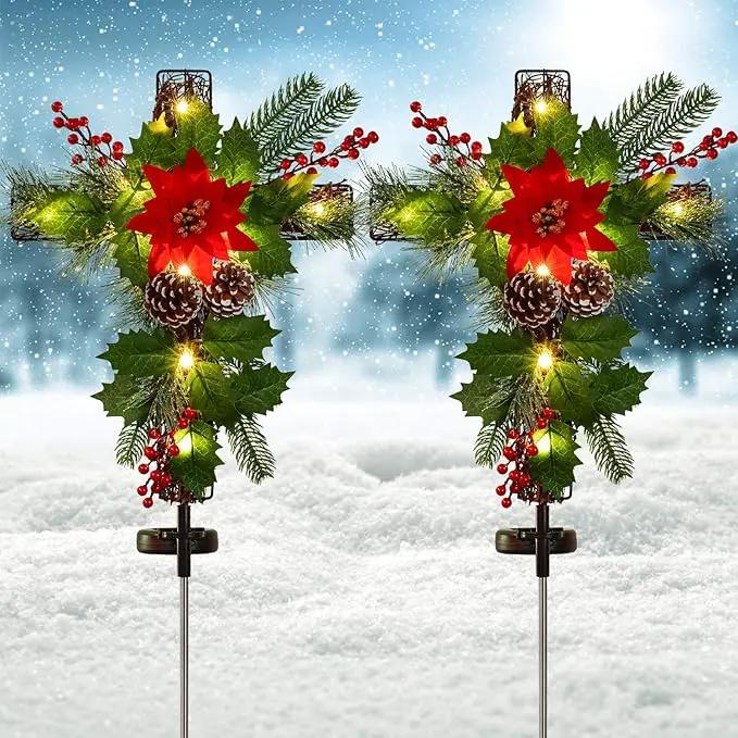 2 Pack Outdoor Solar Lights Christmas Decorations, Cross Stake Lights with Faux Poinsettia Pine Cones Red Berries and Foliage for Garden Patio Grave by GreenHaven Gardens