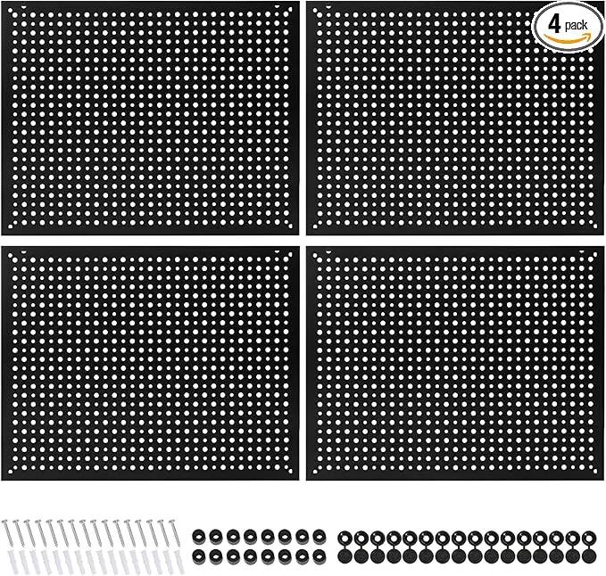 4 Pack Heavy Duty Steel Pegboard Garage Organization Panels,Universal 1/8 and 1/4 Pegboard Accessories,Suitable for Tool Storage,Garage Storage etc.(Black, 16X12) by GreenHaven Gardens