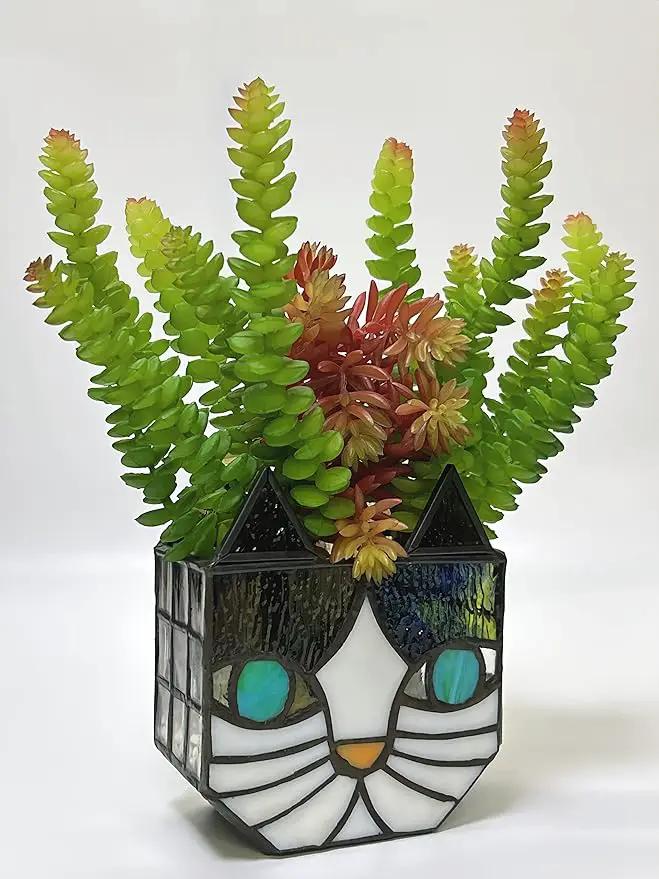 Tiffany Cute Cat Stained Glass Flower Pots,Indoor and Outdoor Plant Displays,Cat Plant Planter,Candle Holder Container Decoration 4.6 x 5.15 x 2.3 inch(11.7 x 13.1 x 5.8 CM)(Without Succulents)Black by GreenHaven Gardens