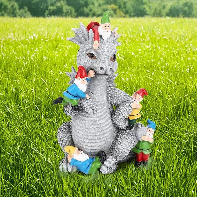 Dragon Gnome Statues Outdoor Decor, 13” Dinosaur Play with Gnomes Garden Statue, Outdoor Statue for All Season Lawn Decor, Garden Decoration, Gardening Gift by GreenHaven Gardens