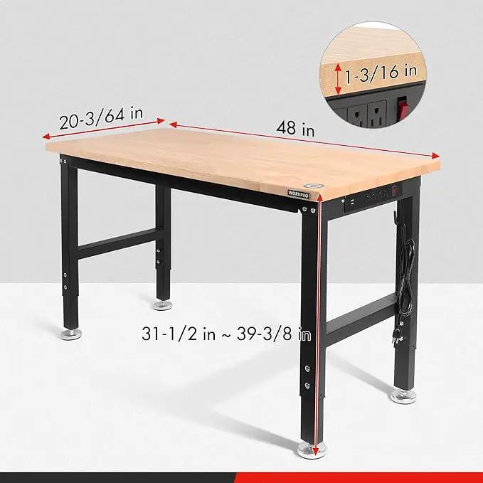 WORKPRO 48" Adjustable Workbench, Rubber Wood Top Heavy-Duty Workstation, 2000 LBS Load Capacity Hardwood Worktable with Power Outlets, for Workshop, Garage by GreenHaven Gardens