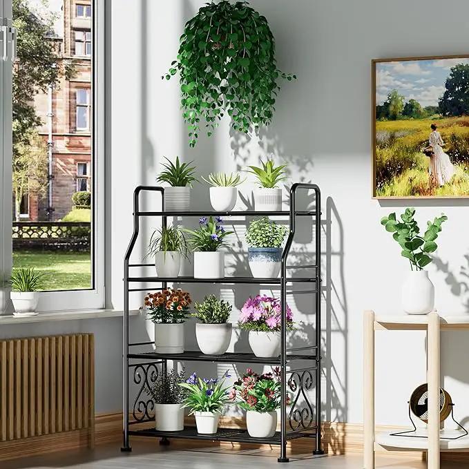 GIOTORENT Plant Stand Outdoor Indoor 4 Tier Metal Waterproof - 41.3" Plant Shelf for Patio, Balcony, Living Room, Large Capacity Tiered Plant Rack, Black by GreenHaven Gardens