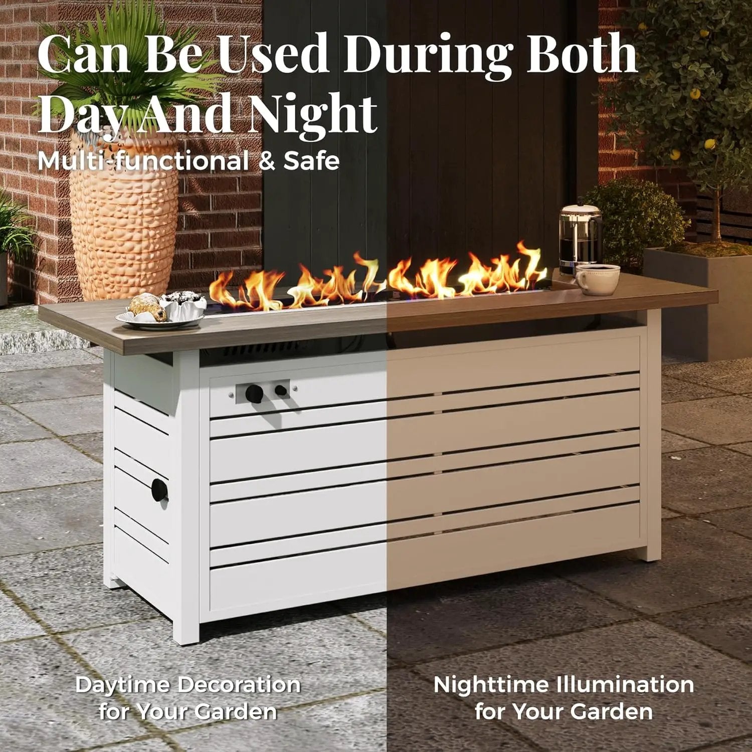56 Inch Gas Fire Pit Table, 50,000 BTU Propane Pits for Outside with Removable Lid and Glass Fire Rocks, 2 in 1 Firepit Table Gatherings Parties on Patio Deck Garden Backyard, White by GreenHaven Gardens