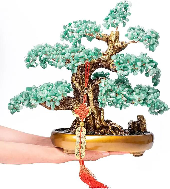 Green Aventurine Gemstone Crystal Bonsai Tree of Life Large Feng Shui Money Chakra Tree for Luck and Wealth Desk Decoration(1,251 Gem Count) by GreenHaven Gardens