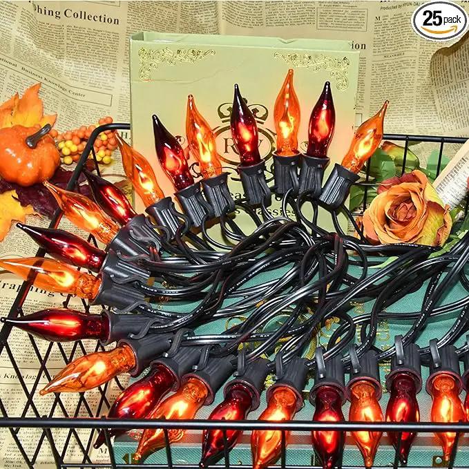 27.8 FT Halloween Decorations, C7 Clear Orange and Purple Halloween Lights, Flickering Flame String Lights Outdoor, E12 Screw Base, Flame String Lights for Halloween Garden Patio Party Decor, Black by GreenHaven Gardens