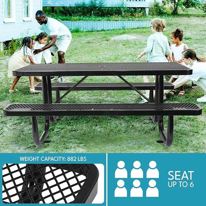 6 ft. Rectangular Outdoor Steel Picnic Table with Umbrella Pole, Heavy-Duty Weather-Resistant Dining Table for Patio, Backyard, and Garden, Rust-Resistant Finish, Black by GreenHaven Gardens