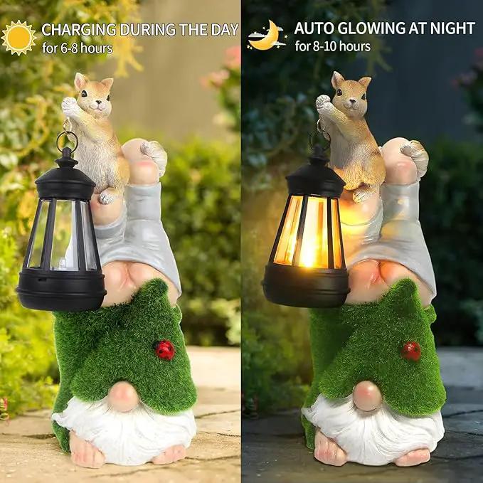 Garden Gnome with Squirrel Outdoor Statue,Flocked Gnome Statue Holding Lantern with Solar Lights,Outdoor Gnomes Decorations for Yard Patio Lawn Porch,Gifts for Mom by GreenHaven Gardens