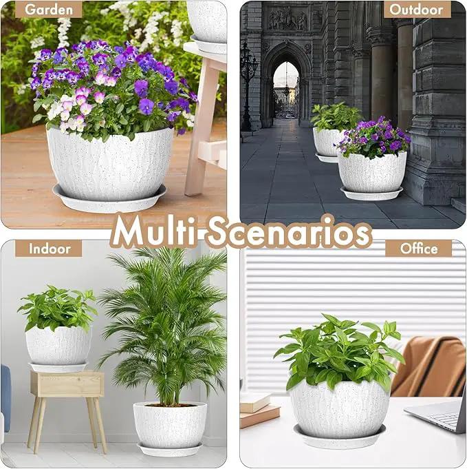 12 Inch Wide Water Ripples Flower Pots for Indoor or Outdoor Plants, Large Plant Pots with Drainage Holes & Saucer, Plastic Planters Set for Garden & Home Decor (White with Black Speckles) by GreenHaven Gardens