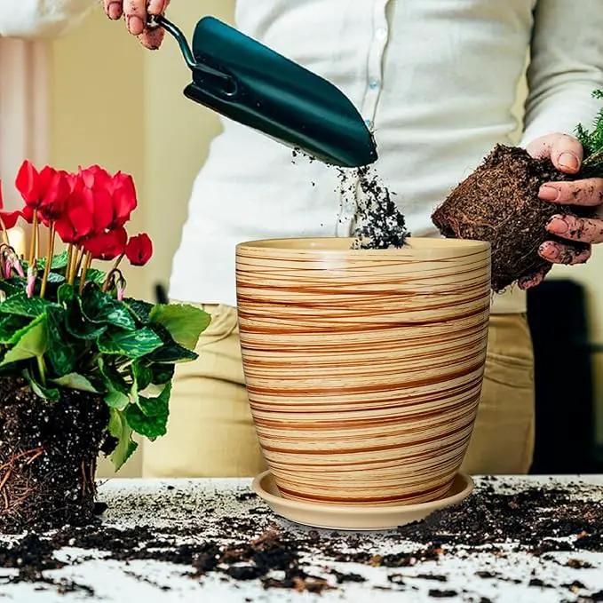10 Inch Plant Pot Ceramic Pots for Plants with Drainage Hole and Saucer Round Flower Pot for Home Patio Garden Office Yellow by GreenHaven Gardens