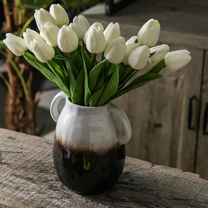 White Gradient Ceramic Vase with 2 Handles, Modern Farmhouse Decor, Rustic Terracotta Pottery, Decorative Flower Vases, Clay Small Vase, Centerpiece for Dining Table - 7 Inch Tall by GreenHaven Gardens