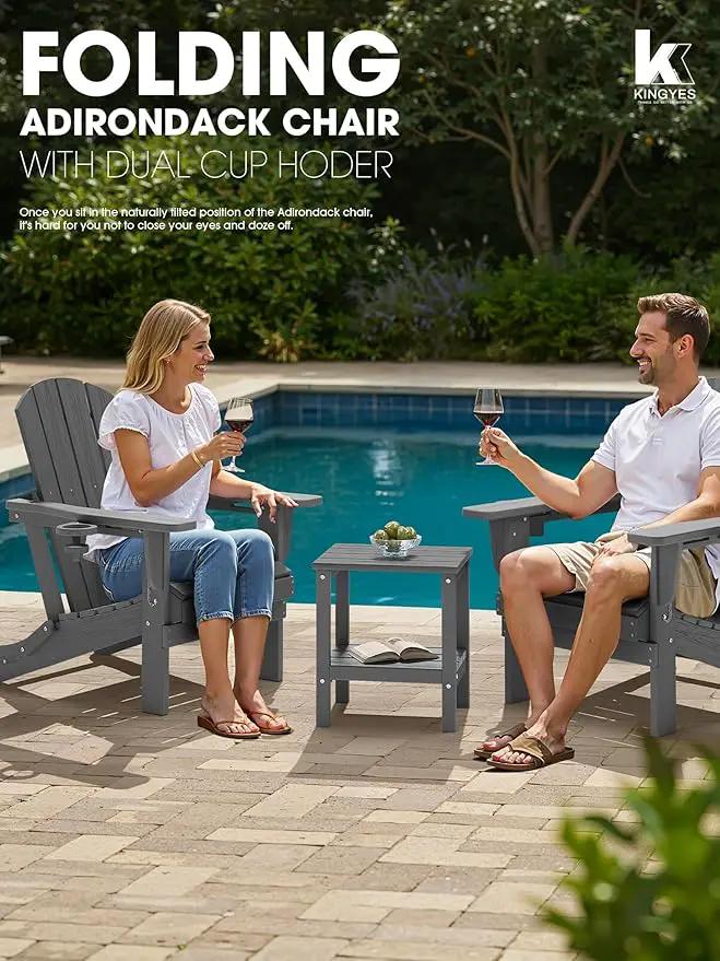 KINGYES Folding Adirondack Chair with Dual Cup Holders - HDPE All-Weather Outdoor Chairs, Wood-Like Patio Chair for Backyard, Camping, Pool & Fire Pit, Grey by GreenHaven Gardens