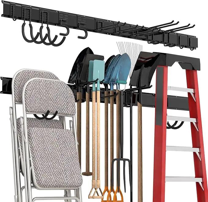 Garage Tool Storage Rack, Heavy Duty Garage Storage Organizer Rack System Wall Mounted Tool with 12 double hooks, 4 rails Garden Tool Rack by GreenHaven Gardens