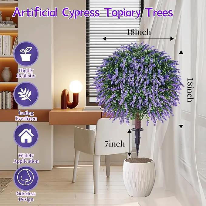 Artificial Lavender Topiany Ball Trees Set of 2,17” Resistant Fake Evergreen Shrubs with Ground SpilRealistic Outdoor Indoor Plants for Garden Porch Maintenance-Free Potted by GreenHaven Gardens