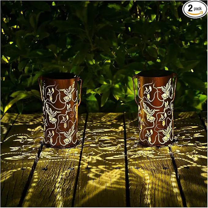 2 Pack Solar Lanterns Outdoor Hanging Hummingbird Decor Lantern,Waterproof Hollow Out Metal Decorative Garden Light,Graceful Decoration for Patio,Yard,Landscape,Festival by GreenHaven Gardens